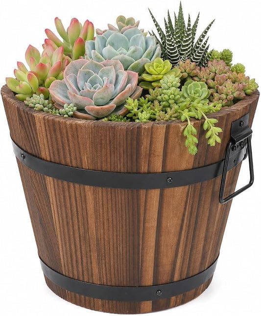 DOITOOL Rustic Wooden Barrel Planter: Wood Whiskey Barrel Bucket Flower Pots Indoor Outdoor Plants Boxes Container for Home Garden Patio Backyard - 7.08 x 5.9 x 5.1 inches (Large)
