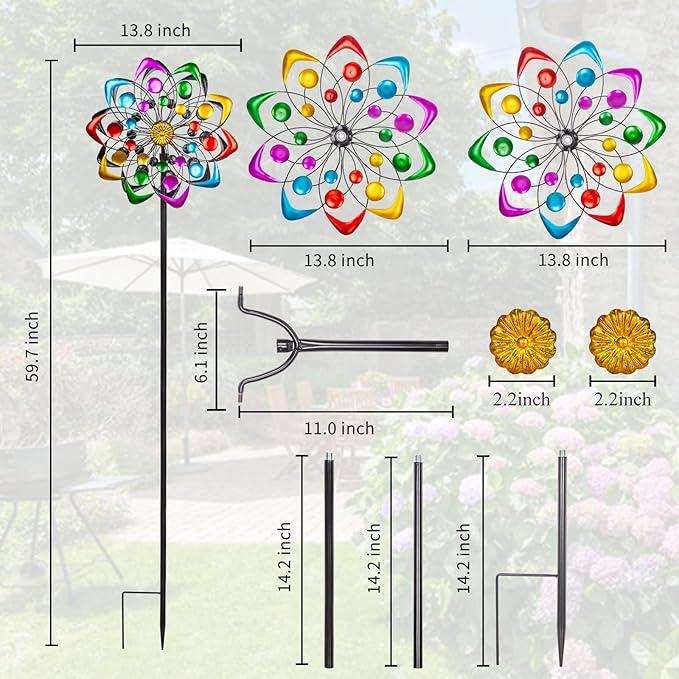 Viveta Kinetic Wind Spinner, 59 inch Outdoor Metal Windmills for Yard Garden, Double Wind Sculpture with Stable Stake, Multi-Color | Double Wind Sculpture with Stable Stake, Multi-color, for Yard and Garden