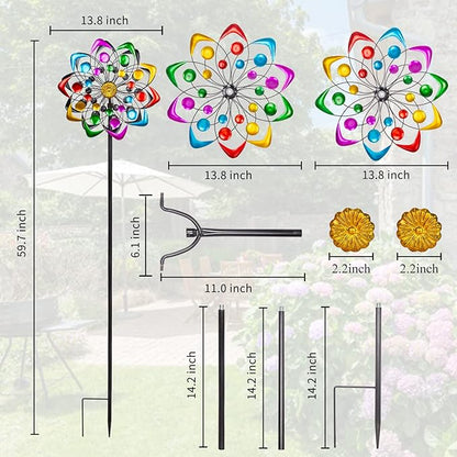 Viveta Kinetic Wind Spinner, 59 inch Outdoor Metal Windmills for Yard Garden, Double Wind Sculpture with Stable Stake, Multi-Color | Double Wind Sculpture with Stable Stake, Multi-color, for Yard and Garden