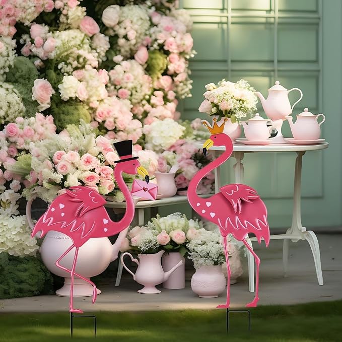 hogardeck Garden Decor for Outdoor, 2 Pcs 31" Metal Flamingos Decorative Garden Stakes for Garden Decor, Yard Sign for Home Outside Lawn Porch Anniversary Wedding Party