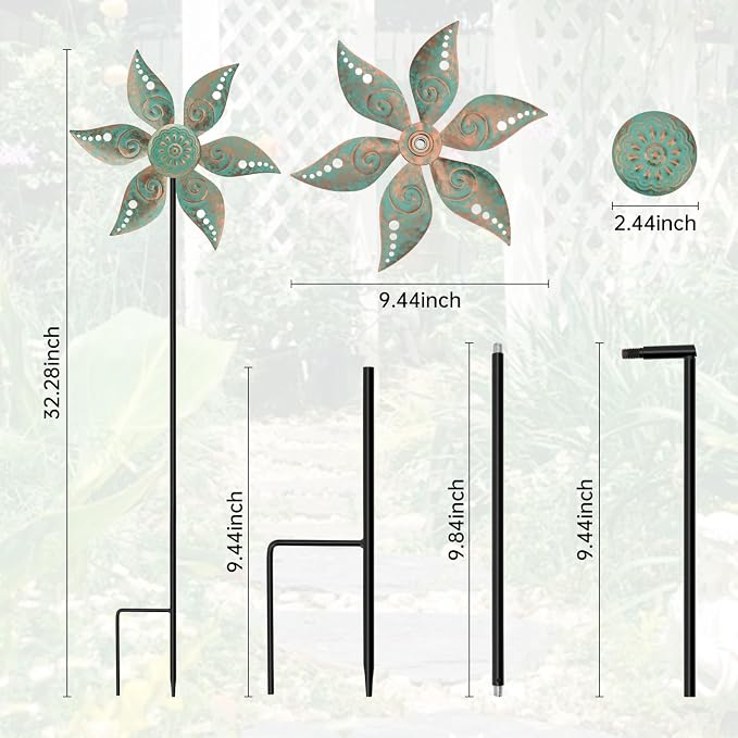 2 Pack Wind Spinners Outdoor Metal Vintage Green, Waterproof Wind Sculptures Garden Pinwheels & Decorative Stakes, Small Windmills for Yard Lawn Patio Outdoor Garden Decor (Type 35)