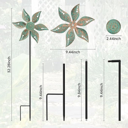 2 Pack Wind Spinners Outdoor Metal Vintage Green, Waterproof Wind Sculptures Garden Pinwheels & Decorative Stakes, Small Windmills for Yard Lawn Patio Outdoor Garden Decor (Type 35)