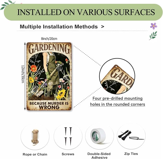 Funny Garden Metal Signs, Vintage Outdoor Wall Decor 8x12 Inch | Gardening Because Murder Is Wrong, Weatherproof Aluminum Sign for Patio Yard Greenhouse, Gift For Gardeners
