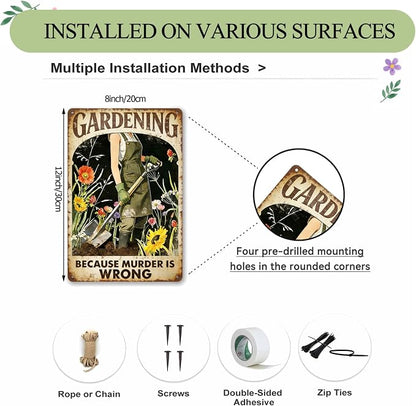 Funny Garden Metal Signs, Vintage Outdoor Wall Decor 8x12 Inch | Gardening Because Murder Is Wrong, Weatherproof Aluminum Sign for Patio Yard Greenhouse, Gift For Gardeners