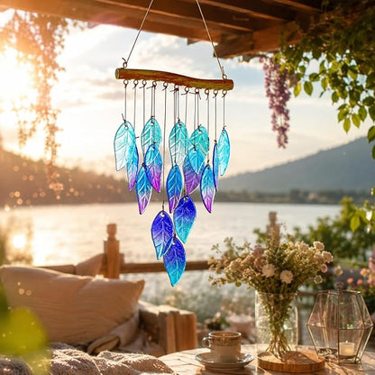 YU FENG 12.5 Inch Handmade Stained Glass Leaf Wind Chimes Window Decor | Unique Glass Chimes, Indoor Outdoor Hanging Ornament, Leaf Pattern Decoration for Patio Backyard Home