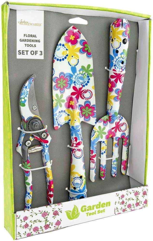 Southern Homewares Floral Design Gardening Tools, Set of 3 - Clippers, Trowel, and Weeding Fork - Cute Gardening Tools for Women, Perfect for Flower Bed Maintenance