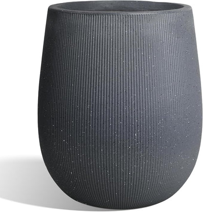 Worth Garden Large Dark Gray Round Planter, 12.5" x 18.5" Lightweight Magnesium Oxide Cement Plant Pot with a Striped Textured Finish, Raised Pattern Concrete Look, Drainage Hole, Indoor & Outdoor