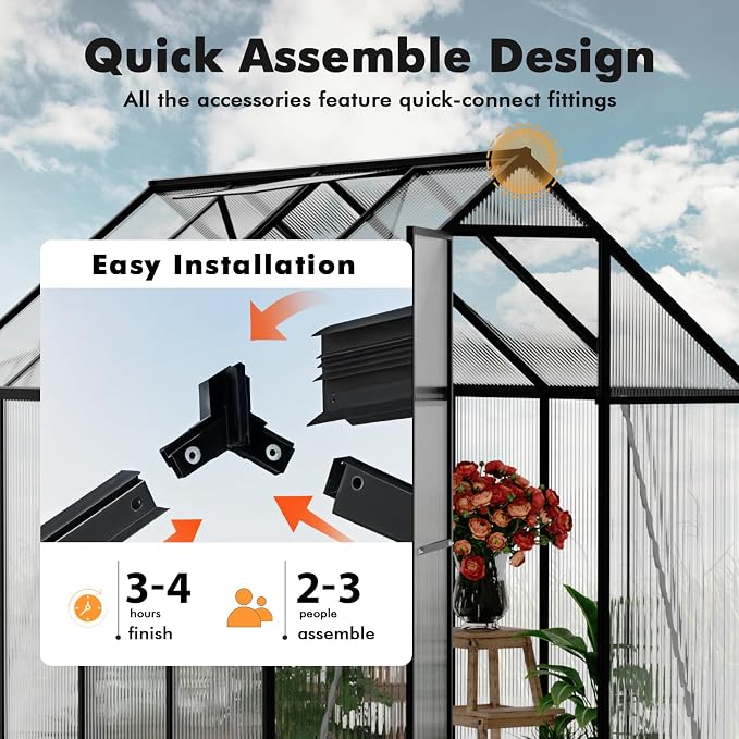 6X10FT Enhanced Aluminum Small Greenhouse for Outdoors with Thermometers | Easy Assembly, UV-Resistant Panels, Built-in Reinforcement, Lockable Sliding Door, Roof Vent, For Vegetable, Flower and Herb