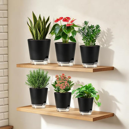 QRRICA 5/5.5/6/6.5/7/8 inch Self Watering Pot Set, Visible Water Level Planter with Transparent Reservoir & Drainage Holes, Plastic Flower Pots with Cotton Rope for Indoor/Outdoor Use (Black)