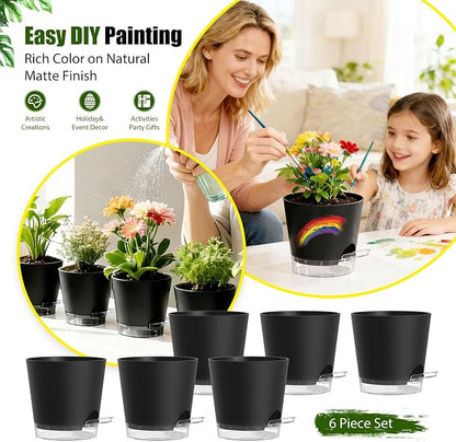Plant Pots 4 Inch Self Watering Pots,6 Pack Plastic Planters with Drainage Holes and Clear Saucers,Plastic Flower Pots,Nursery Planting Pot for Indoor Out Door Plants (Black, 4 inch)