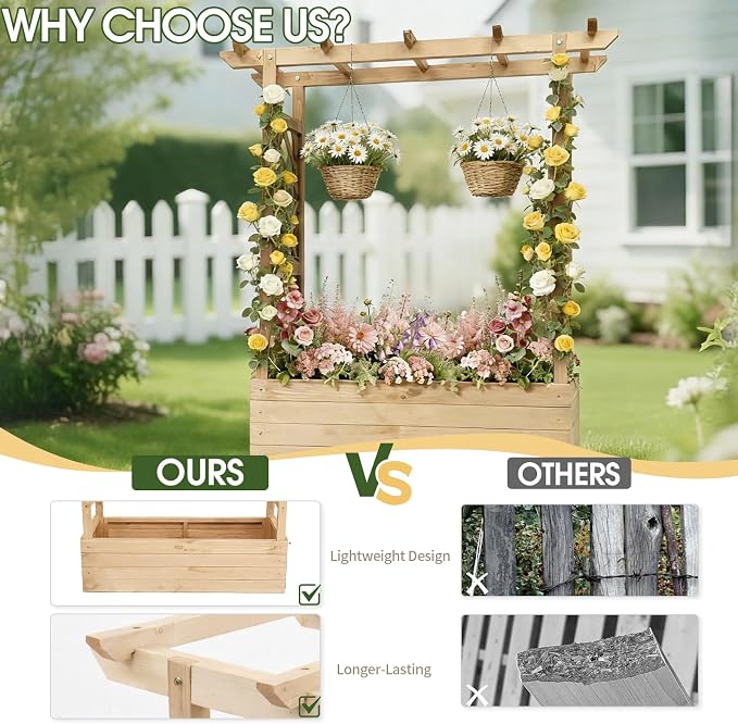 Vasitelan Raised Garden Bed with Trellis, Wooden Elevated Planter Box w/Drainage Holes & Removable Bottom Panels for Climbing Vine Flower, Indoor Outdoor Wood Planter for Yard Patio (Natural)