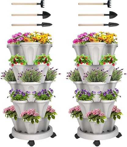 GameXcel Vertical Planter Tower - 7 Tier Stackable Garden Planters with Wheels and Tools Plant Pots for Strawberry Herb Flower and Vegetable Indoor Outdoor Use Gray
