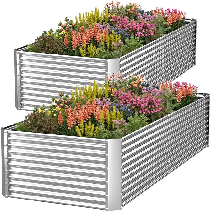 2 Pack Tall 8FT Corrugated Galvanized Steel Raised Garden Bed Outdoor, Metal Above Ground Garden Bed for Vegetables and Flowers, Rectangle Raised Beds for Gardening-8x3FT