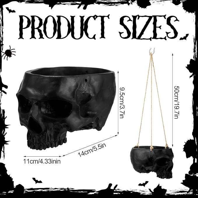 2 Pack Hanging Skull Planter Pot with Ropes Gothic Skeleton Plant Pot Skull Candy Bowl for Succulent Plants Flowers Horror Head Wall Decoration (Black)