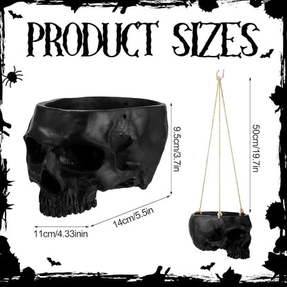 2 Pack Hanging Skull Planter Pot with Ropes Gothic Skeleton Plant Pot Skull Candy Bowl for Succulent Plants Flowers Horror Head Wall Decoration (Black)