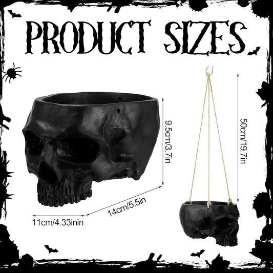 2 Pack Hanging Skull Planter Pot with Ropes Gothic Skeleton Plant Pot Skull Candy Bowl for Succulent Plants Flowers Horror Head Wall Decoration (Black)