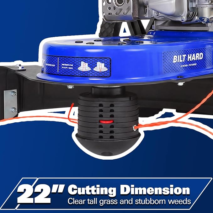 BILT HARD Walk Behind String Trimmer, 170cc 4-Cycle Gas Brush Hog Mower, 22 Inch Cutting Diameter, Push Weed Eater with 14 Inch Flat Free Wheels, Brush Cutter for Farm, Lawn, Yard