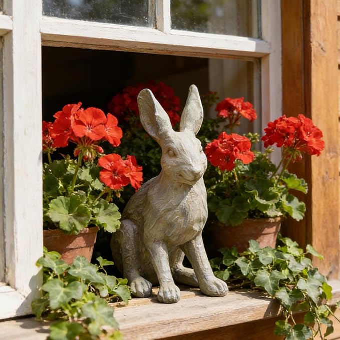 DiliComing Grey Resin Rabbit Garden Statue - 12 Inch Large Garden Statues for Home Yard Decor Garden Statues for Outside Balcony Bunny Decor for Garden Gifts