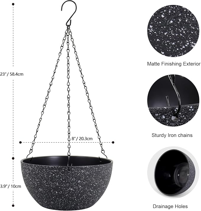 Meowell 8 inch Small Hanging Planters for Indoor Outdoor Plants, 2 Pack Hanging Flower Plant Pots with Drainage Holes and Chain for Porch, Plastic Hanging Baskets for House Plants, Speckled Black
