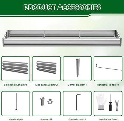 12x4x1FT Galvanized Raised Garden Bed, Metal Planter,Silver,1 Pack | Thick Galvanized Steel, Easy Assembly,Outdoor Patio,Open Bottom,Smooth Surface,Planter Kit for Vegetables, Herbs, Flowers