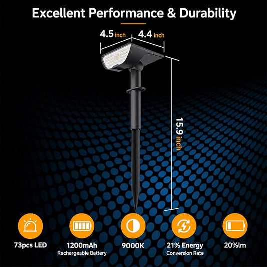 RUIKORING Solar Spot Lights Outdoor Waterproof, 73 LED Landscape Spotlight with 3 Lighting Modes, Dusk to Dawn Auto On/Off, 2-in-1 Wall & Ground Mount for Yard, Garden & Pathway, Cool White, 4 Pack