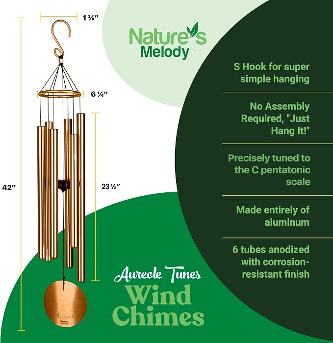 Nature’s Melody Aureole Tunes Wind Chimes – Outdoor Windchime with 6 Tubes, 100% Rustproof Aluminum, Powder Finish & S Hook Hanger for Sympathy, Memorial Gift or Zen Garden (Bronze, 42")