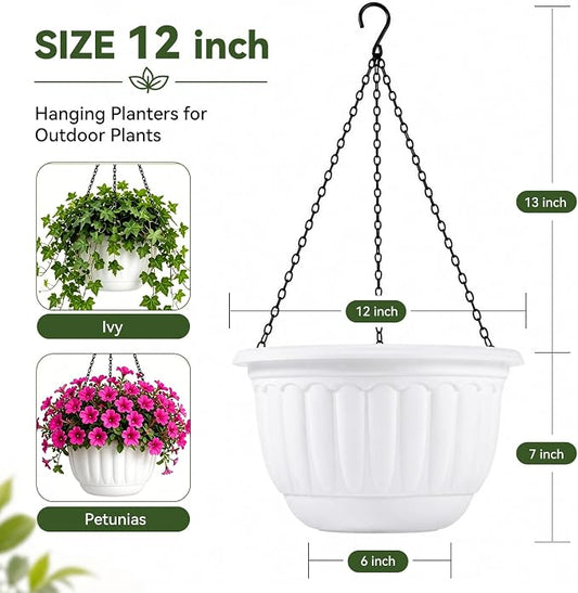 YIKUSH 12 Inch Hanging Planters for Outdoor Plants, 2 Pack Plastic Hanging Flower Pots with Drainage Hole & Tray, Hanging Basket Style Pots for Porch Patio Balcony Decor (White)