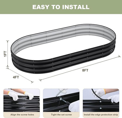 Raised Garden Bed, 8x4x1ft Galvanized Outdoor Planter Beds with Safety Edging and Gloves, Oval Metal Planter Box for Gardening Vegetables Flowers Herb-Black