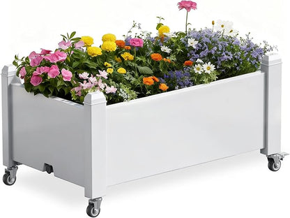 PatioZen Raised Garden Bed, 14 Gallon Self-Watering Raised Planter Box with Drainage Plug & Gauge and Wheels for Vegetables Flowers Herbs Succulents, Resin for Backyard Patio Porch
