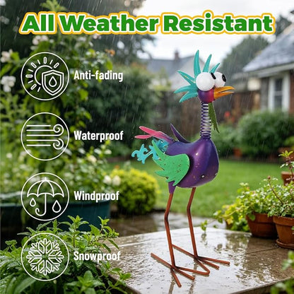 Metal Rooster Statue Outdoor Garden Decor,18" Wacky Rooster Decor Yard Statue Decorations Outdoor,Funny Chicken Sculpture for Patio, Lawn, Backyard (Purple)