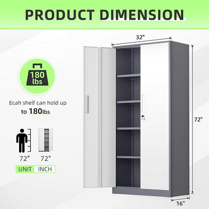 INTERGREAT Metal Storage Cabinet, 72" Locking Steel Cabinets with 2 Door and 4 Adjustable Shelves, Tall Metal Cabinet for Home Office, Garage, Warehouse, New Grey