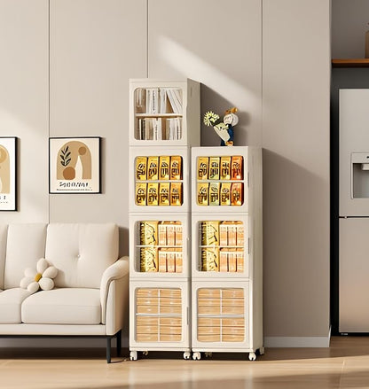 4-Tier Tall Narrow Bathroom Storage Cabinet for Small Space,Beige | Quick Assembly,Foldable,Plastic Organizers,Magnetic Doors,Adjustable Shelves,Slim Storage Cabinet,Wheels