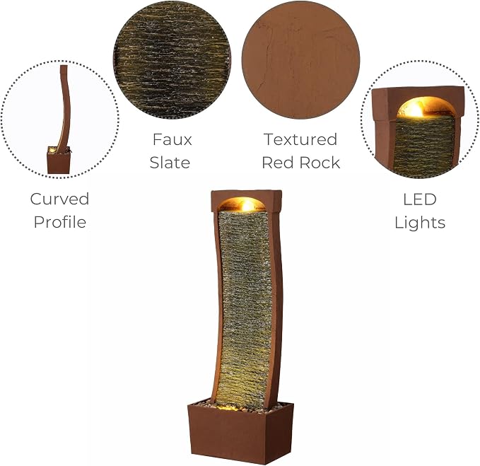 Teamson Home 38.5" Indoor/Outdoor Modern Curved Faux Slate Waterfall Fountain with LED Lights, Red Rock | Freestanding, Faux Slate, LED Lights, Red Rock, Weather-Resistant