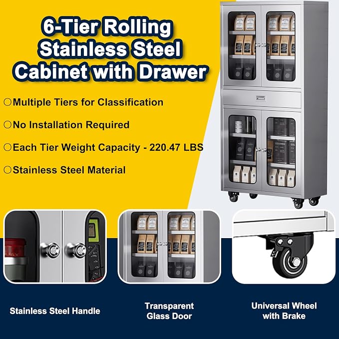 68" Full-Assembled Stainless Steel Cabinet with 1 Drawer and Glass Doors, 6-Tier Rolling Kitchen Pantry Storage Cabinet with Wheels for Garage, Warehouse, Utility Room, Laundry Room, Restaurant, Cafe