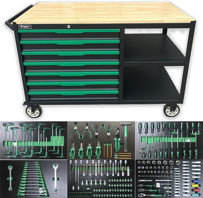 7-Drawers Professional Tool Cart Cabinet,Rolling Tool Chest with Double Shelves,Wood Workbench,51.1W x 18.9D x 32.3H inches for Garage, Workshop, or Outdoor Use(7 Drawers + 258 Pieces Tool)