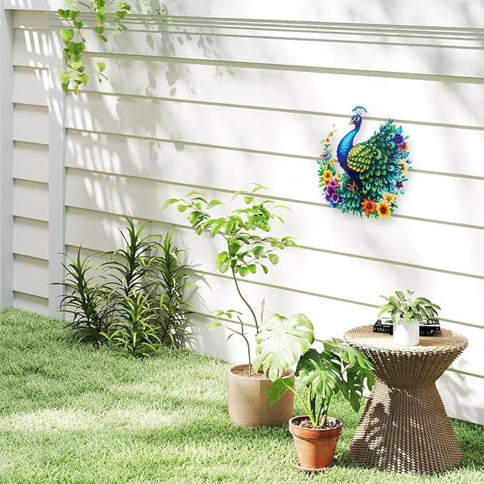 dreamskip Metal Peacock Wall Decor, Tropical Birds Iron Wall Art, Outdoor Metal Garden Wall Decors Sculptures for Patio Fence Living Room Housewarming Gifts