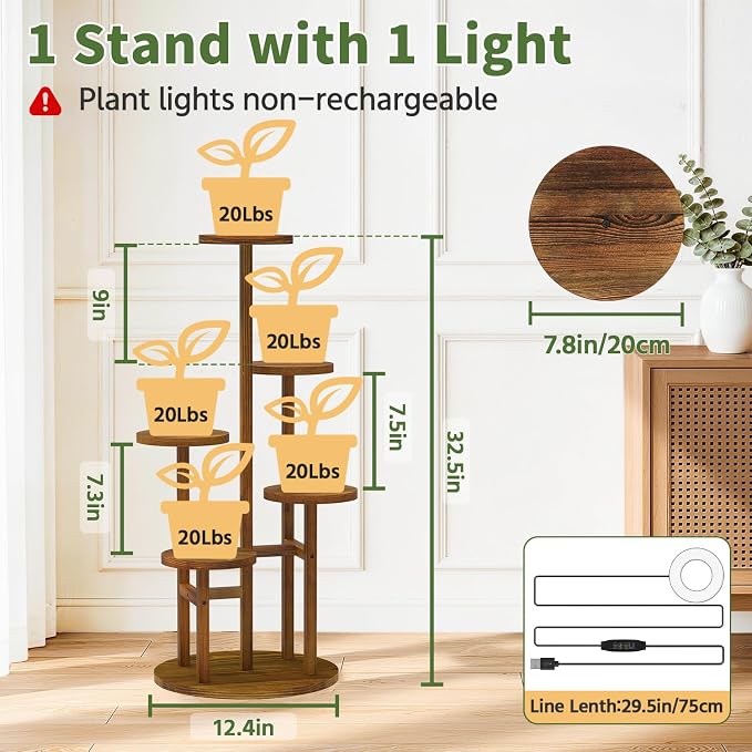 LASZOLA 5 Tiered Wood Plant Stand Indoor Corner with Grow Light, Flower Holder Rack Tall for Multiple Plants, Rustic Planter Shelf Display for Patio Garden Balcony Living Room， Brown