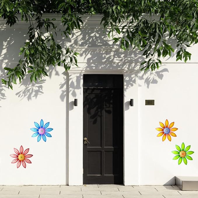 Gooyule Metal Flower Wall Art - Colorful Floral Decor for Indoor Outdoor Hanging - Home Office Garden Yard Wall Decoration Set (Metal Flower Decor A)