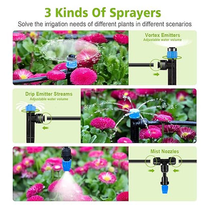 230FT New Quick-Connect Drip Irrigation System Kit, Automatic Garden Watering Misting System for Greenhouse, Yard, Lawn, Plant with 1/2 inch Hose 1/4 inch Distribution Tubing and Accessories