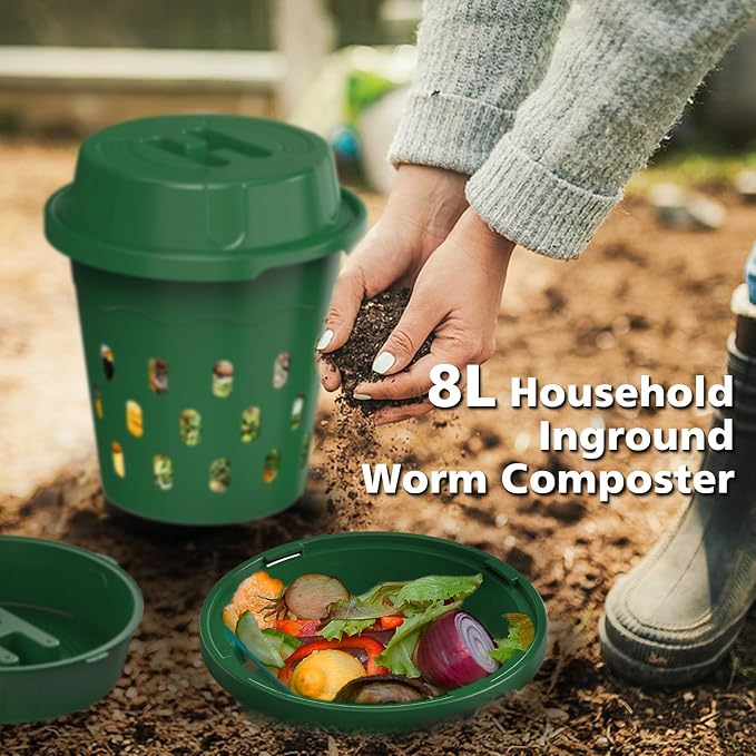 Warm Composter, 6-Pack 8L (2.11Gal) Inground Worm Compost Bin, Outdoor Worm Farm for Garden Beds & Home Use, Vermicomposting Bin for Beginners (9.5x9.5x10.8Inch), Green