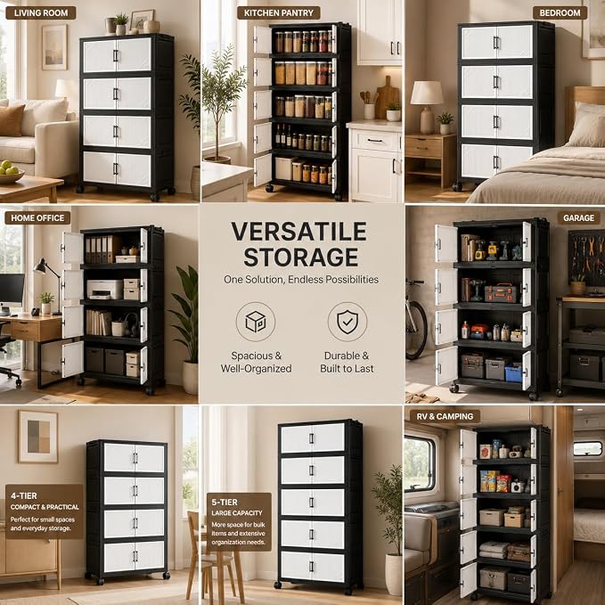 4 Tier Foldable Storage Cabinet with Wheels and Magnetic Doors, Premium PP Material Large Storage Organizer, Space-Saving Utility Storage for Home, Apartments, Dorm, Office, Rv