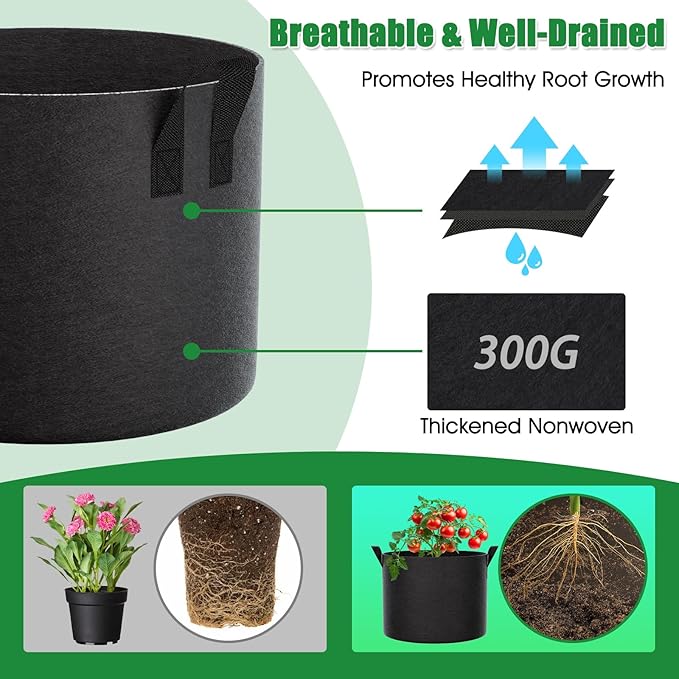 FEED GARDEN 25 Gallon Grow Bags, 4 Pack Heavy Duty 300G Fabric Pots | 300G breathable fabric grow bags with reinforced handles for vegetables, flowers, herbs, fruit trees, and outdoor gardening.