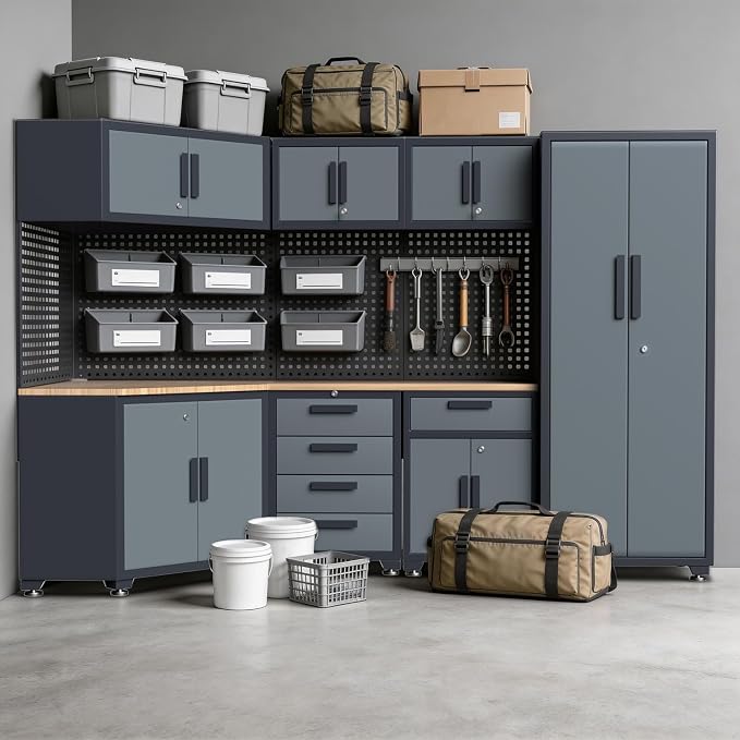 16PCS Garage Storage Cabinet System - Heavy Duty Workshop Set w/Corner Cabinet Includes Workbench, Pegboard & Lockable Drawers | Metal Tool Organization System for Garage/Workshop