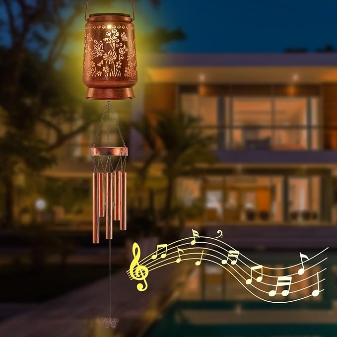 Solar Wind Chimes for Outside 41”, Butterfly Memorial Wind Chimes with Solar Lantern, Metal Hanging Garden Decor, Sympathy Gifts for Mom Grandma Women, Patio Porch Yard