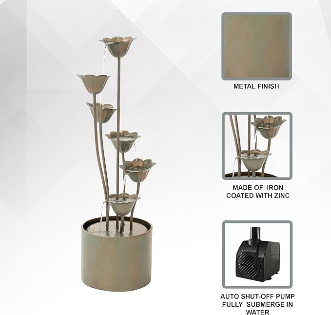 XBrand 35" Tall Silver Metal Sculptural Flower Multi-Tier Freestanding Water Fountain for Indoor & Outdoor Use, Decorative Garden Patio Backyard Water Feature