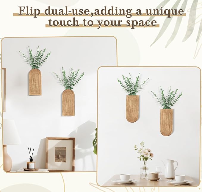 Dahey Wood Wall Planter Vase with Artificial Eucalyptus, 2 Pack Hanging Planter for Indoor Fake Plants Modern Boho Farmhouse Wall Art Decor for Bathroom Bedroom Kitchen Office Home Decoration, Natural