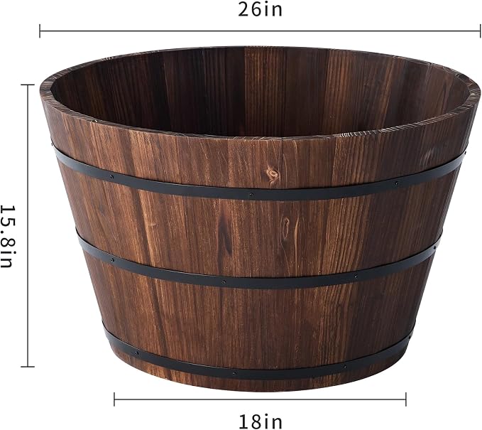 26-inch Wooden Barrel Planter, Perfect for Outdoor Plants, Whiskey-Style Garden Pot, Large Flower Container, Made of Sturdy Solid Wood, Suitable for Herbs, Succulents, and shrubs