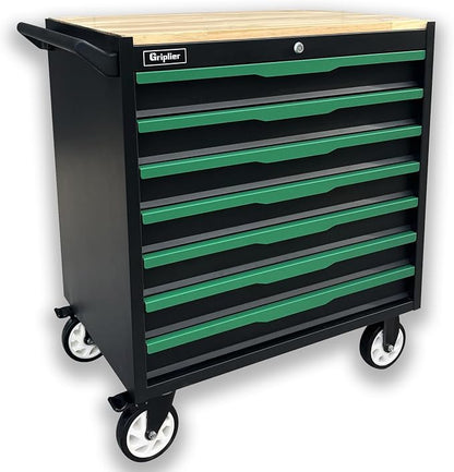7-Drawer Tool Chest with Wood Top, 31.3W x 18.9D x 32.3H inches, Black and Green，Locking Rolling Tool Box with Wheels,Mechanic Tool Cabinets for Garage, Warehouse,Repair Shop(7 Drawers)