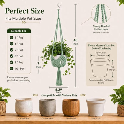 Shappy 1 Pack Boho Macrame Plant Hanger, Large Hanging Planter Plant Holder Pot Hanger Hanging Basket Wall Planters, Plants Lover Gift for Indoor Garden (Spiral Knot,Sage Green)