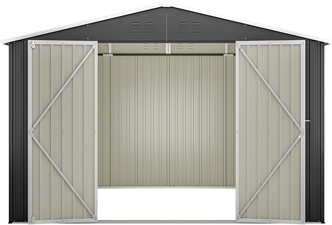 PVWIIK 10x10 FT Large Outdoor Metal Storage Shed, Heavy Duty Waterproof Steel Garden Tool Shed with Lockable Doors, Utility Storage Building for Backyard Patio Lawn Garden, Black